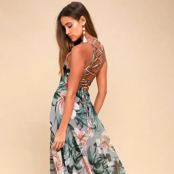 Lulus Dresses Love Abloom Grey Floral Print Laceup Maxi Dress